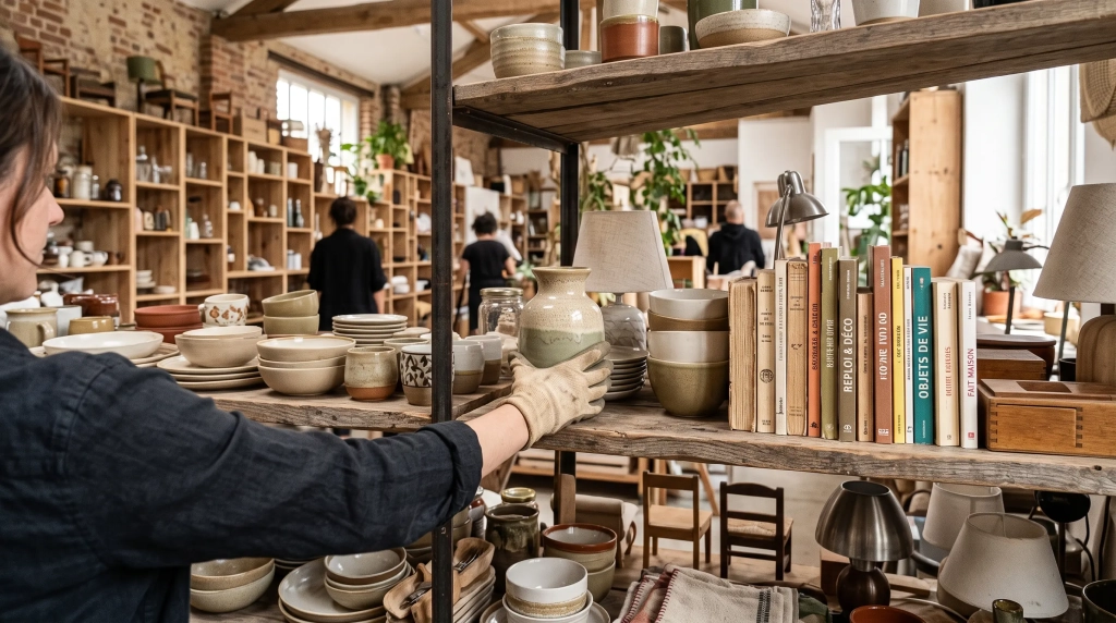 Objets de seconde main triés sur des étagères illustrant la différence entre recyclerie et ressourcerie