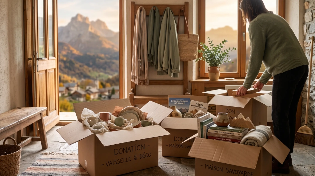 Cartons de vaisselle et de livres prêts à donner ses objets en Haute-Savoie