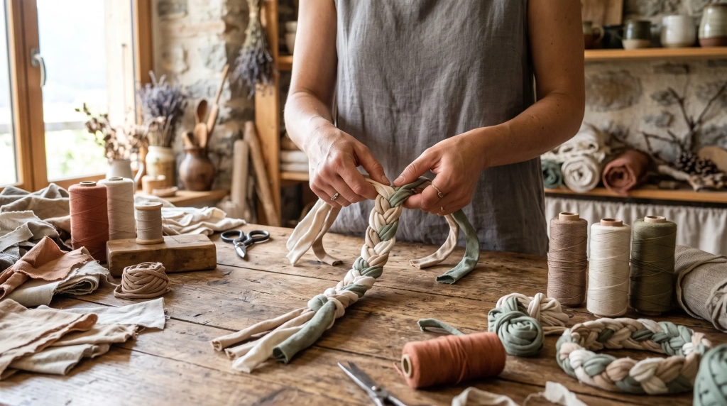 Mains tressant des bandes de coton pour un projet de recyclage créatif textile