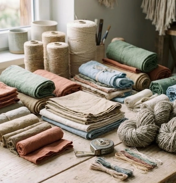 Écheveaux de lin brut, jute et chutes textiles récupérées pour une recyclerie créative
