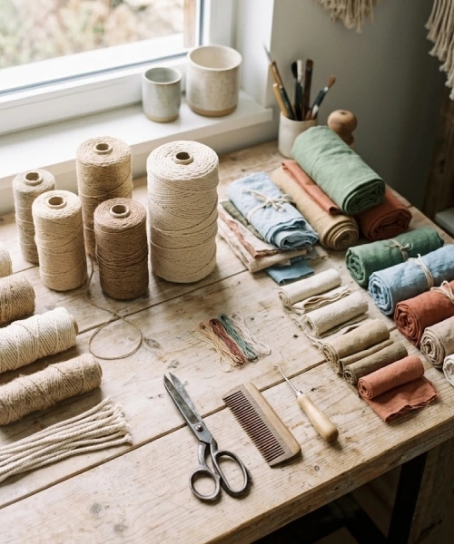 Établi d'atelier de création artisanale avec cordes de coton et outils de recyclerie créative en Haute-Savoie