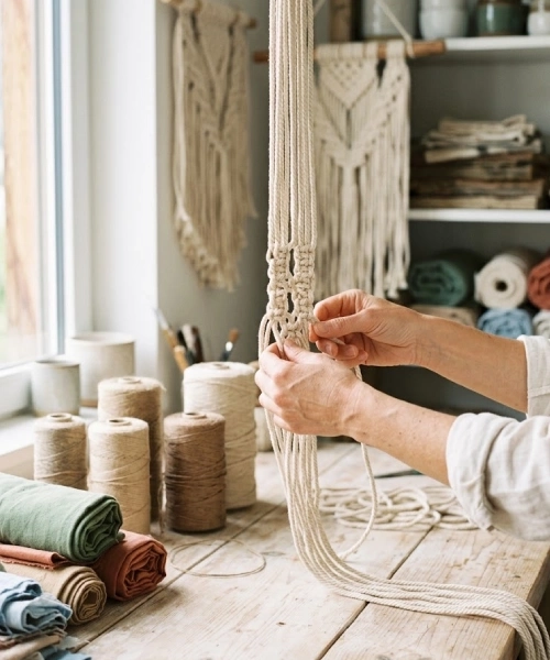 Mains nouant une suspension en macramé de coton écru dans une recyclerie créative en Haute-Savoie